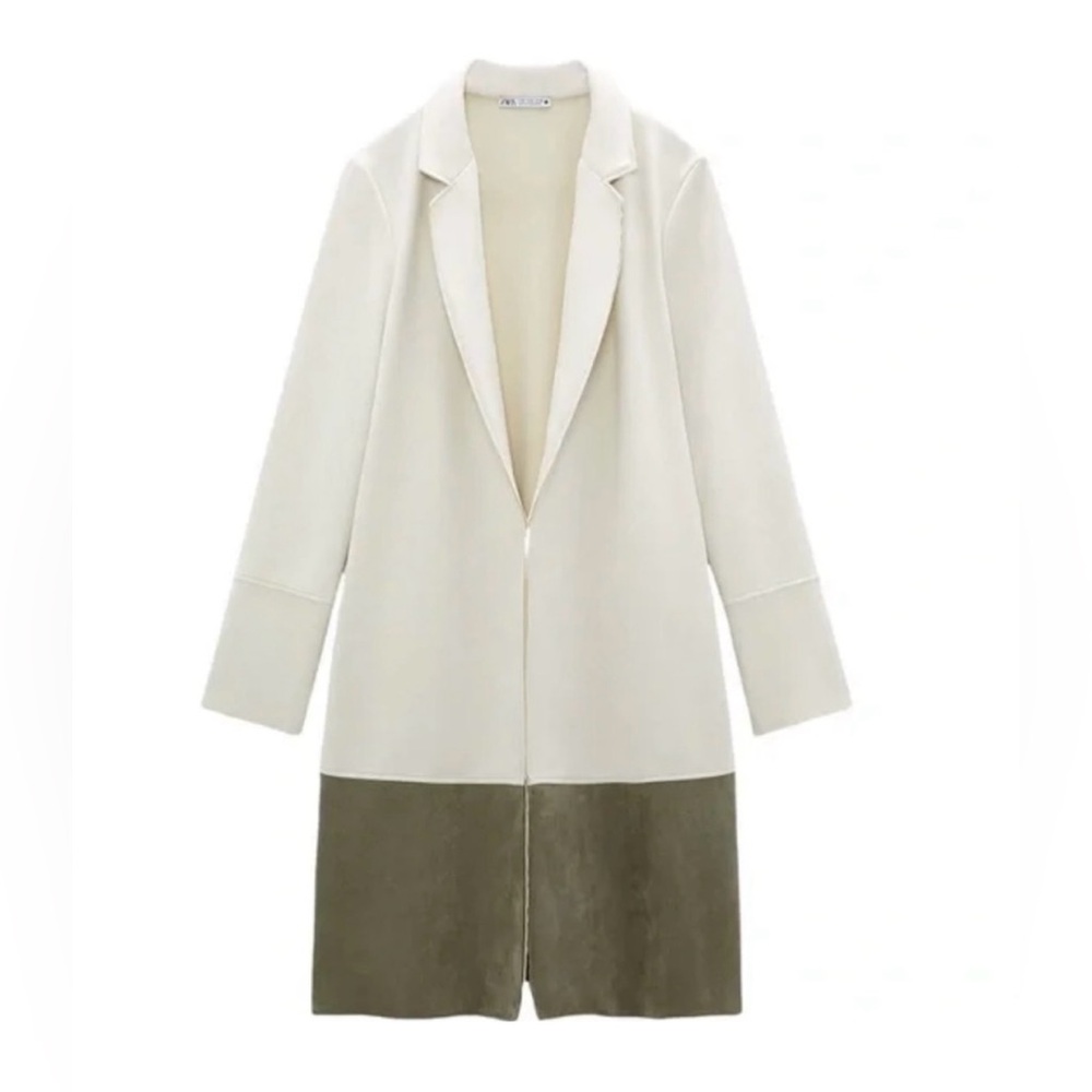 Zara Faux Suede Longline Duster Open Front Color Block Lapel Coat